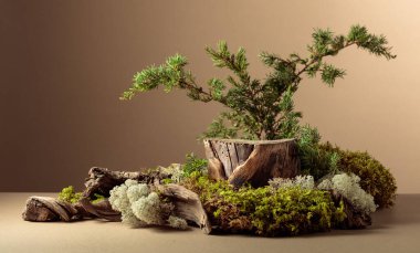 Çevre ürünleri için doğal ahşap, yosun ve ardıç dallarıyla kompozisyon. Ürününüzü bir kütüğe koyun. Boşluğu kopyala.