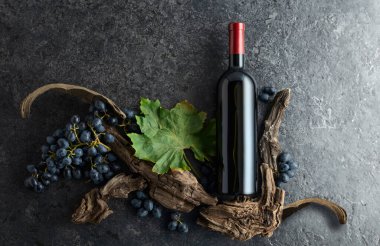 Bir şişe kırmızı şarap, mavi üzüm ve siyah taşlı arka planda eski asma parçaları. Üst Manzara. Boşluğu kopyala.