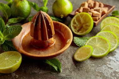 Tahta narenciye sıkacağı ve yaz ferahlatıcı içecekler yapmak için malzemeler. Esmer şeker, limon ve taş bir masada taze nane dalları..