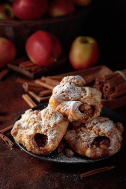 Elma ve tarçınlı ev yapımı mini elmalı turtalar. Üzerine pudra şekeri serpiştirilmiş taze pişmiş yiyecekler. Viyana pastası.