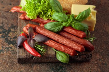 İnce tütsülenmiş sosisler peynir, ekmek ve yeşillikler eski bir kesim tahtasında.