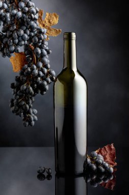 Siyah yansıtıcı arka planda mavi üzümlü bir şişe kırmızı şarap. Boşluğu kopyala.