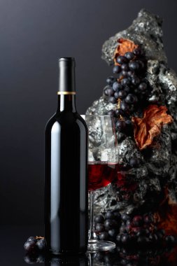 Bottle of red wine. In the background rough grey stone and blue grapes. 