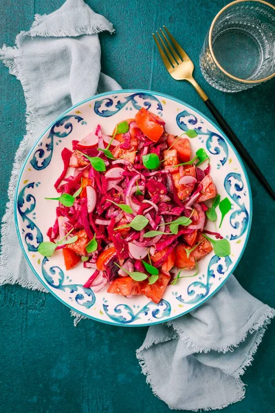 Winter Salad Pickled Red Cabbage Salad Radish Tomatoes Onion Winter — Stock Photo, Image
