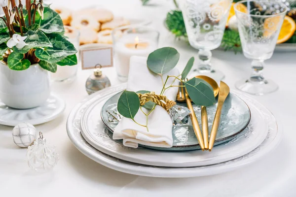 Ensemble Table Noël Avec Eucalyptus Couverts Cyclamen Pot Dans Ton — Photo