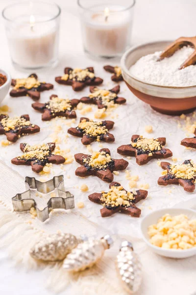 Cozimento Natal Biscoitos Chocolate Caseiros Com Polvilhas Ingredientes Cozimento — Fotografia de Stock