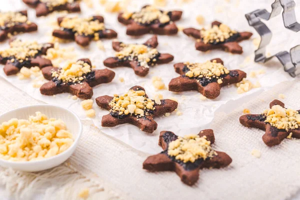 Cozimento Natal Biscoitos Chocolate Caseiros Com Polvilhas Ingredientes Cozimento — Fotografia de Stock