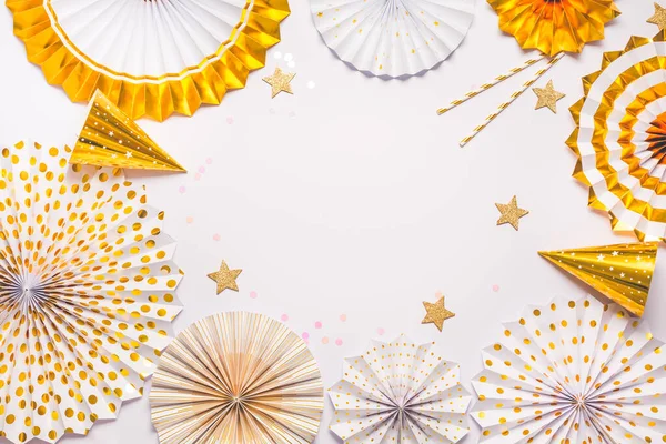 Party  background with paper fans, party decoration, party celebration in white and golden tone