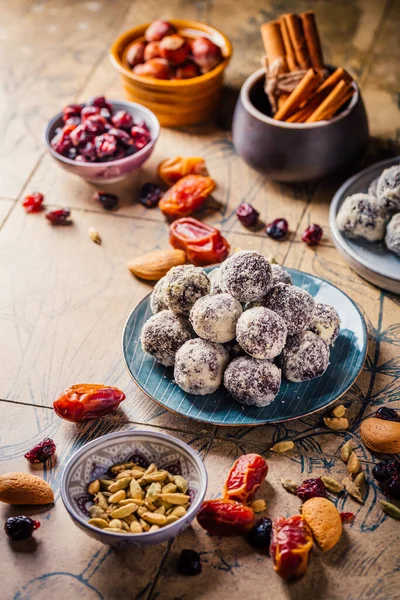 Energie Veganistische Ballen Rauw Dessert Zalige Ballen Suikervrije Snoepjes Met — Stockfoto