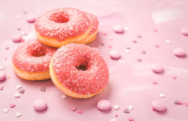 Pink Donuts Sprinkles Pink Chocolate Beans Pink Background — Stock Photo, Image