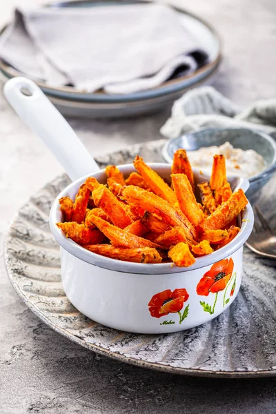 Homemade Sweet Potato Carrot Fries Parmesan Cheese Lemon Yogurt Dip — Stockfoto
