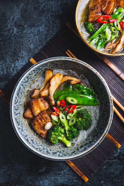 Ramen Soup Mushrooms Vegetables Glass Noodles Pork — Stockfoto