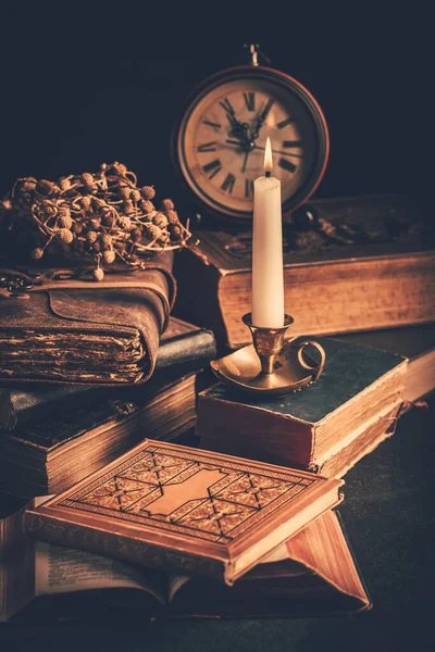 Old Antique Books Candle Vintage Clock Wooden Background — Φωτογραφία Αρχείου