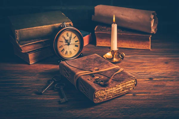 Old Antique Books Candle Vintage Clock Wooden Background — Φωτογραφία Αρχείου