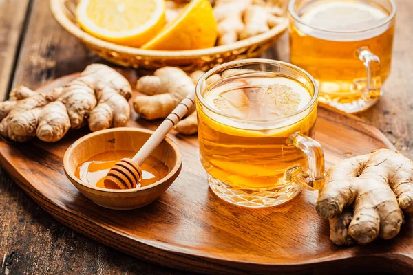 Ginger Tea Lemon Honey Wooden Table — Stock Photo, Image