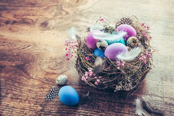 Happy Easter - nest with Easter eggs on wooden background with copy space