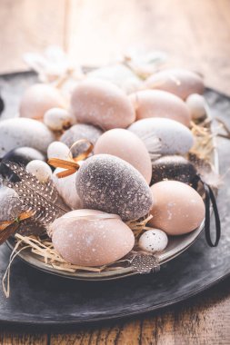 Easter eggs with pussy-willow branch on wooden kitchen table