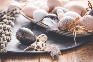 Easter eggs with pussy-willow branch on wooden kitchen table