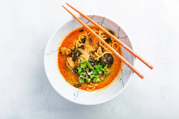 Thai Red Curry Noodle Soup Shiitake Coconut Milk Green Onions — Stock Photo, Image