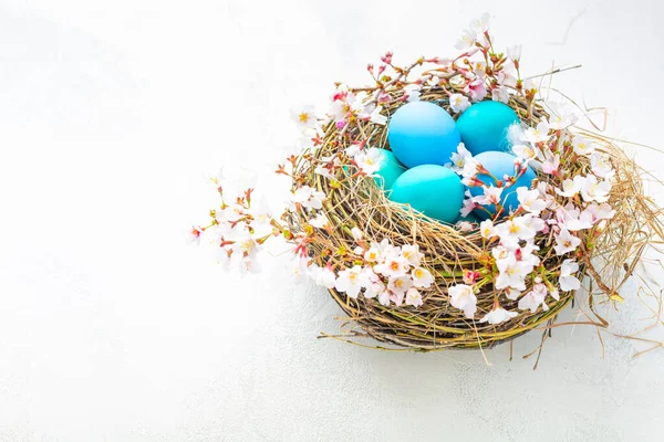 Happy Easter ハッピーイースター コピースペース付きの白い背景にイースターエッグとチェリーブランチの巣 — ストック写真
