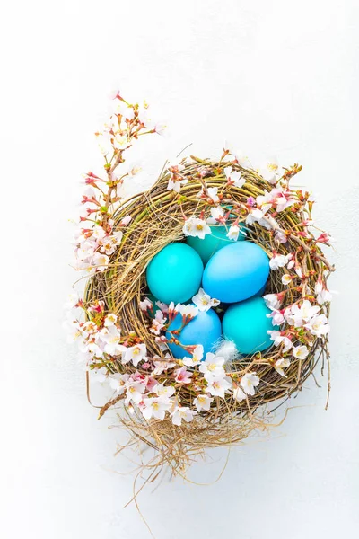 Happy Easter ハッピーイースター コピースペース付きの白い背景にイースターエッグとチェリーブランチの巣 — ストック写真
