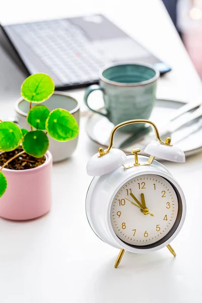 时间管理和拖延的概念 白色桌子 手提电脑 咖啡和植物上装有闹钟的组合 — 图库照片
