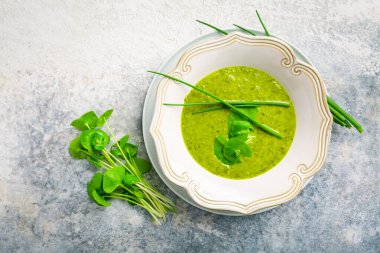 Taze bahar bitkileriyle sağlıklı yeşil çorba, otlar, kış otları, soğanlar ve Ramson.