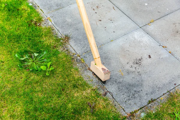 Cleaning Terrace Cracks Metal Broom Weeds — Stock Photo, Image