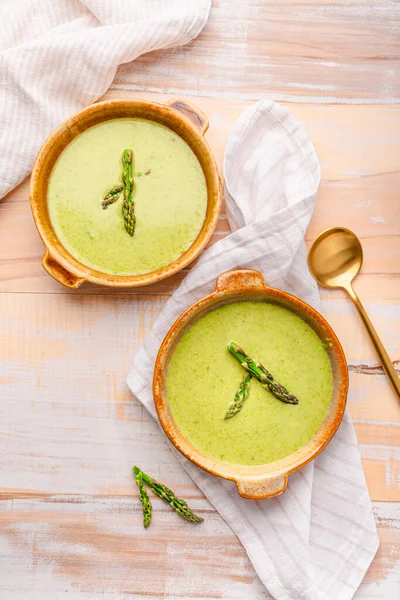 Creamy Asparagus Soup Wooden Background — Stock Photo, Image