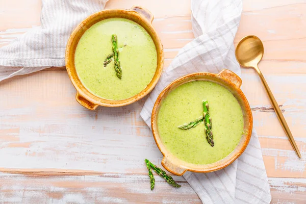 Creamy Asparagus Soup Wooden Background — Stock Photo, Image