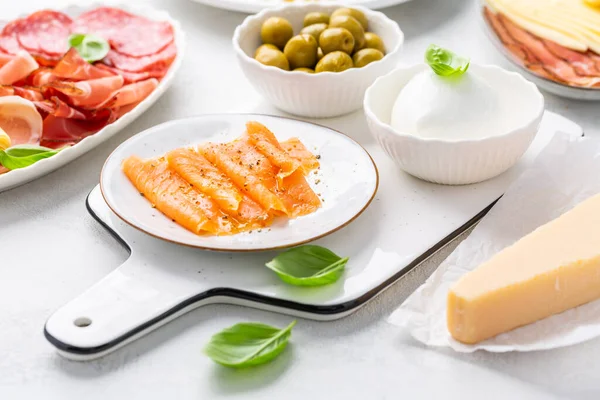 Appetizers Differents Antipasti Charcuterie Snacks Meat Platter Cheese Spicy Olives — Stock Photo, Image