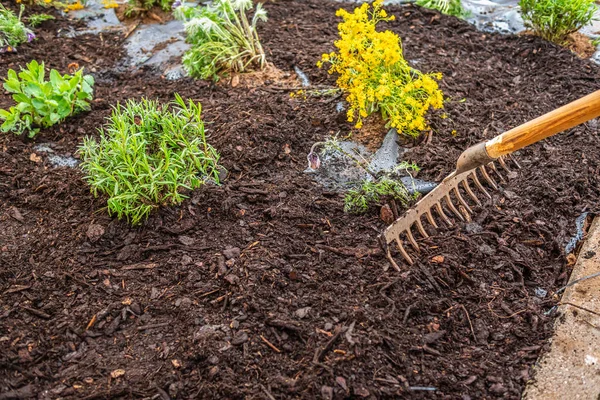 잡초가 나가는 억제하기 잡초를 사용하는 절하고 주거용 정원에 나무껍질을 설치하는 — 스톡 사진