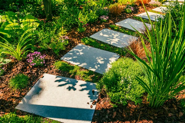 樹皮マルチと在来植物と石スラブと庭のパスの詳細 造園と園芸の概念 — ストック写真