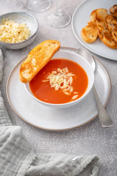 Greek Tomato Soup Orzo Pasta Ciabatta Bread — Stock Photo, Image
