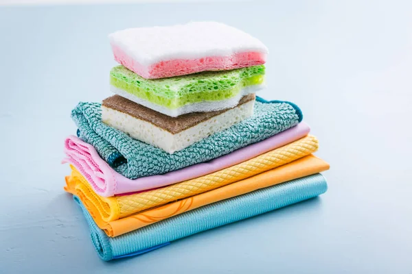 Assortment Different Sponges Cleaning Rags Fiber Cloth Duster Microfiber Cloth — Stock Photo, Image