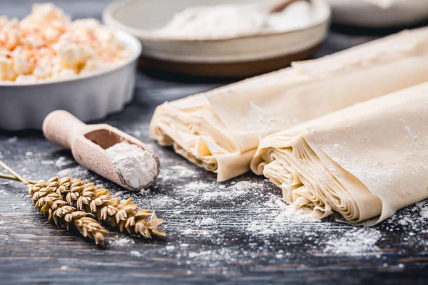 Preparazione Forno Torta Salata Con Fogli Pasta Filante Ripieni Formaggio — Foto Stock