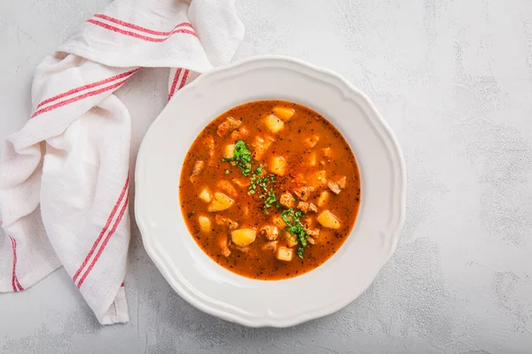 ハンガリーのホットグーラッシュスープ トマト コショウ スモークパプリカスープ 伝統的なハンガリー料理 — ストック写真