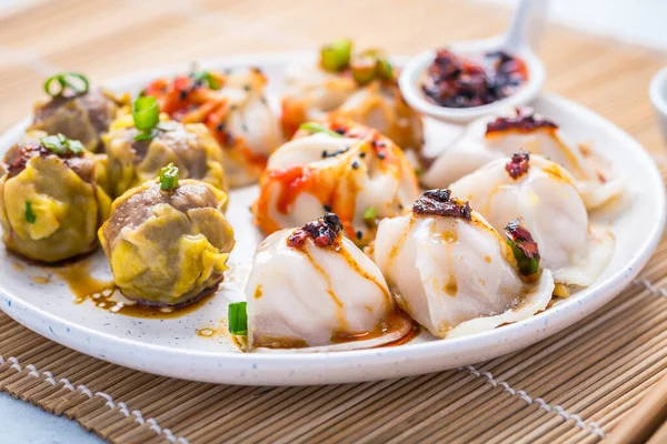 Assortment Steamed Dumplings Dim Sum Kitchen Table — Stock Photo, Image