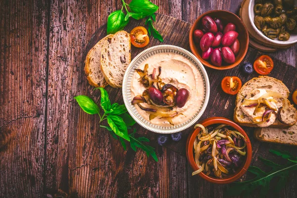 Whipped Feta Cheese Dip Garlic Olives Lemon Caramelized Onions Greek — Stock Photo, Image