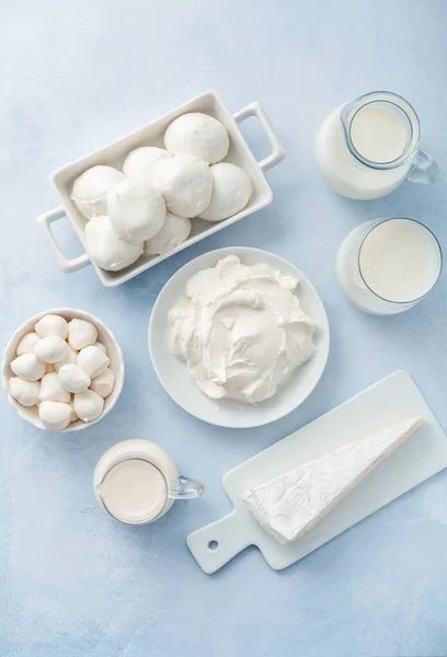 Sortimento Produtos Lácteos Leitelho Kefir Iogurte Com Probióticos Ayran Queijo — Fotografia de Stock