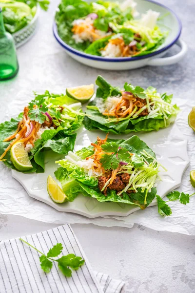 Asian Minced Meat Lettuce Wraps Rice Bean Sprouts Cabbage — Stock Photo, Image