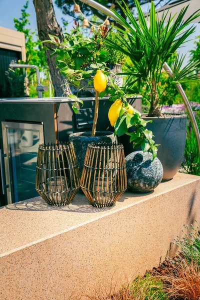 Außenküche Garten Oder Auf Der Terrasse Mit Pflanzen Und Dekoration — Stockfoto