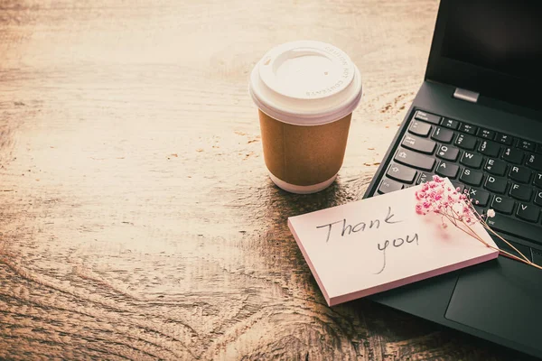 Thank You Concept Sticky Note Paper Notebook Coffee Cup — Stock Photo, Image