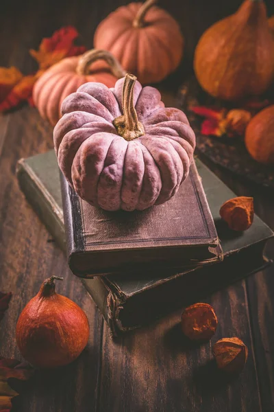 秋天或秋天的收获概念与南瓜和旧书的深色木制背景 — 图库照片
