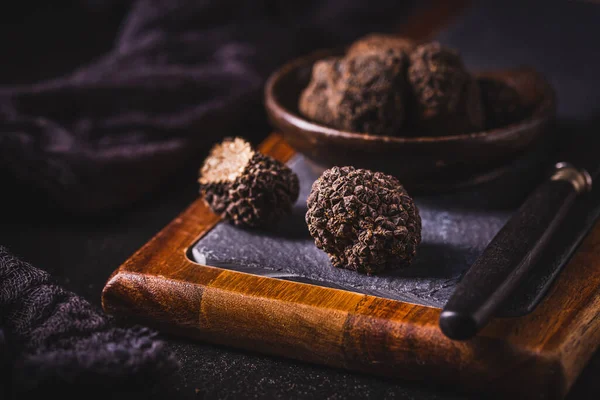 Expensive Black Truffles Gourmet Mushrooms Kitchen Table — Stock Photo, Image