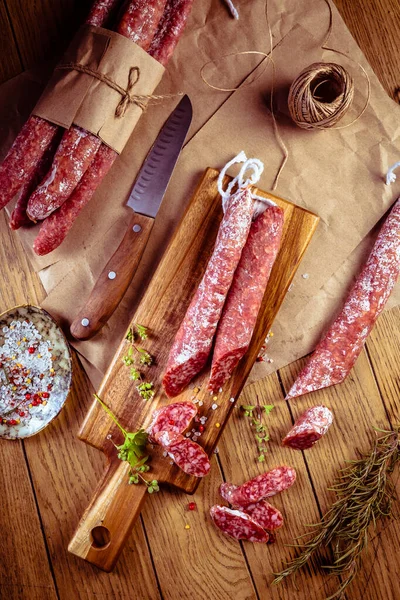 Traditional Spanish Fuet Wooden Background Dry Cured Pork Sausages Delicate — Stock Photo, Image