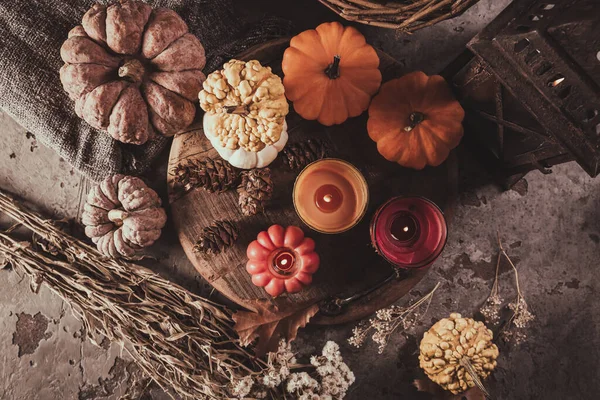 Dekoration Mit Kürbissen Und Kerzen Thanksgiving Und Halloween — Stockfoto