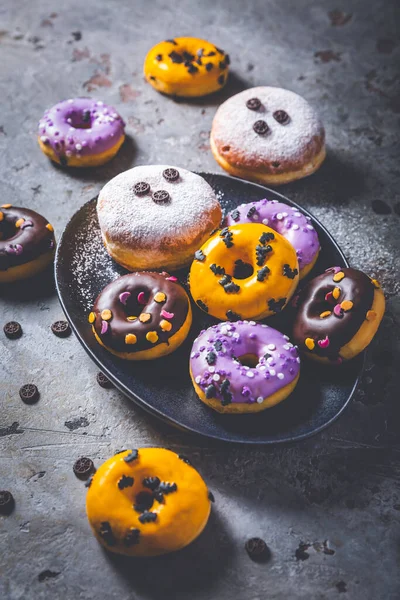 Halloween Donuts Berliner Assorted Frosting Sugar Sprinkles Halloween Carnival — Stock Photo, Image