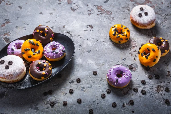 Halloween Donuts Berliner Assorted Frosting Sugar Sprinkles Halloween Carnival — Stock Photo, Image
