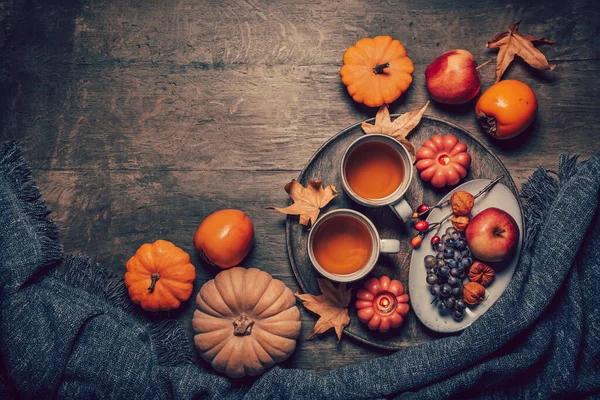 カボチャと秋のフルーツとホットティーのカップ ハッピーサンクスギビングとハロー秋のコンセプト — ストック写真